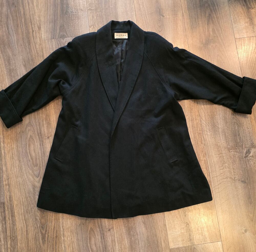 Vintage Dumas Black 100% Pure Wool Shawl Collar Coat Jacket Made in USA